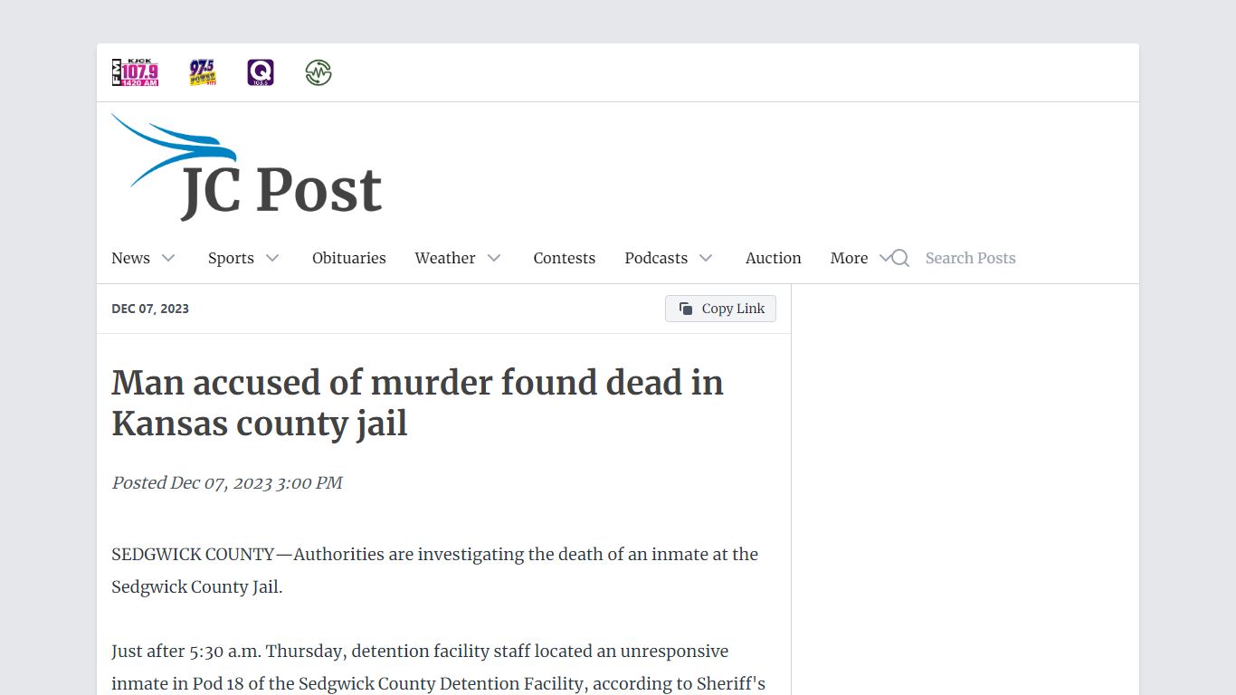 Man accused of murder found dead in Kansas county jail