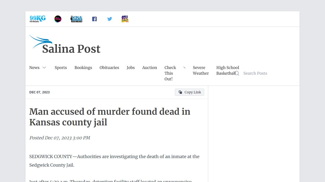 Man accused of murder found dead in Kansas county jail